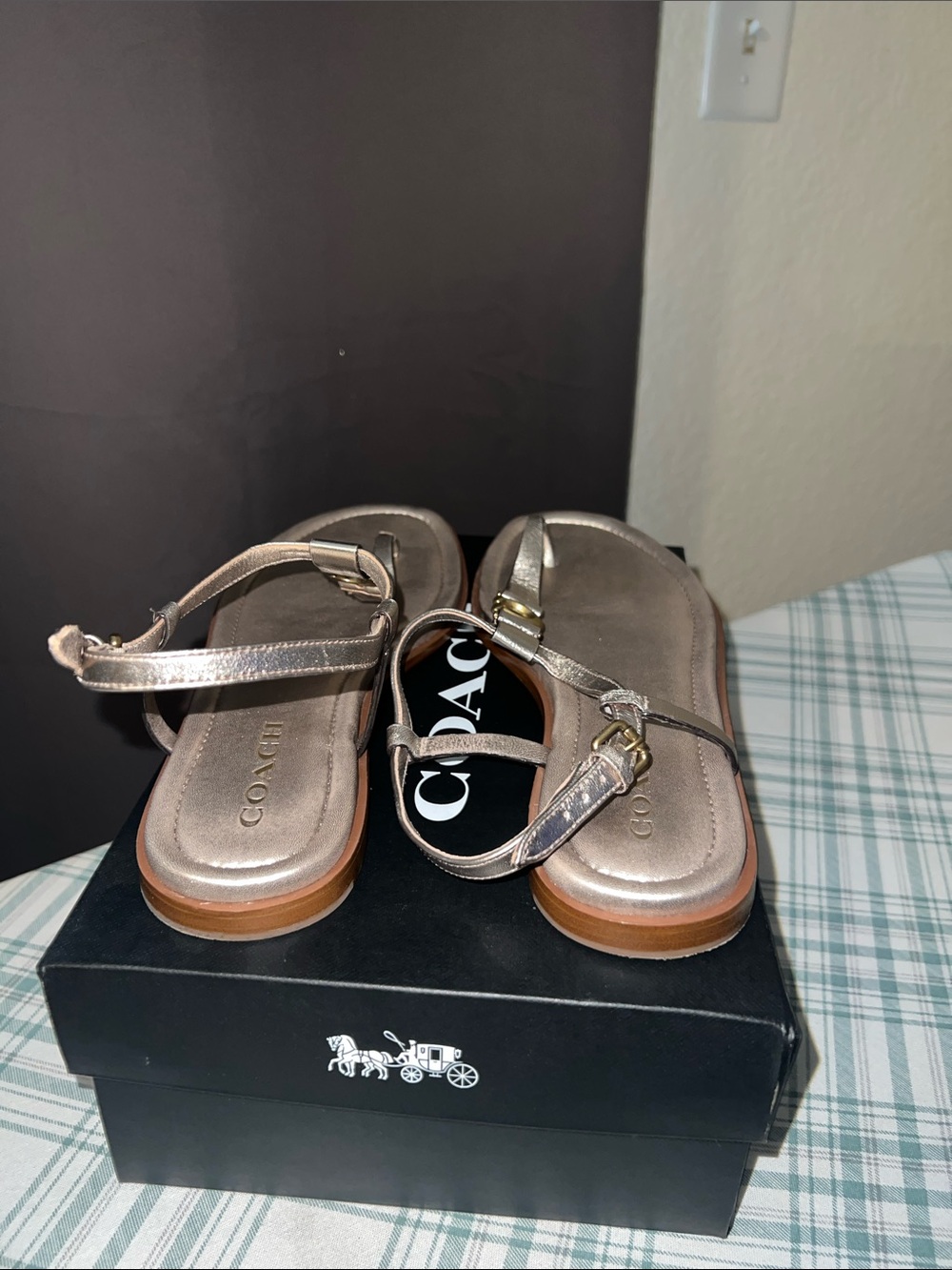 Coach Metallic Champagne Leather T-Strap Sandals - Picture 4 of 5